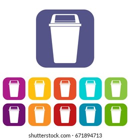 Plastic flip lid bin icons set vector illustration in flat style In colors red, blue, green and other