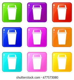 Plastic flip lid bin icons of 9 color set isolated vector illustration