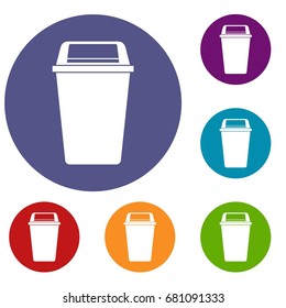 Plastic flip lid bin icons set in flat circle red, blue and green color for web