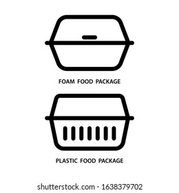 Plastic and Foam food packages. Simple design. Line vector. Isolate on white background.