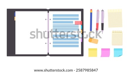 Plastic folder with opening rings. Stationery for office, work and study. Pens, pencil, eraser, sticker notes, notepad isolated on white. Flat cartoon vector illustration.