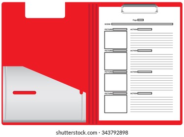Plastic folder with sheets of paper for the storyboard of the film based on the script. Vector illustration.