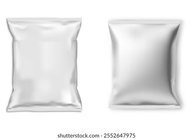 Plastic food bag vector blank. Snack package design illustration. Potato chips foil pillow bag. Shiny rectangle wrapping for soup or chocolate, with metallic protection. Candy packet, polythene paper