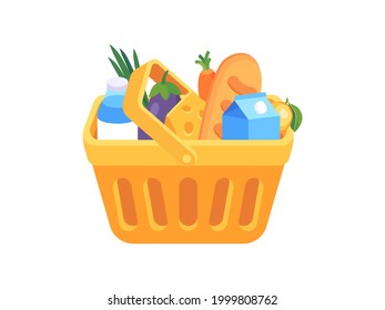 Plastic food basket full products. Shopping basket of grocery purchases isolated on white background. Supermarket goods. Vector illustration
