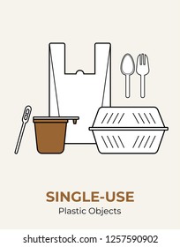 Plastic food container, bag, cup, spoon, fork, stirrer. Single-use white plastic cutlery vector illustration set. Food plastic cutlery flat logo for ecological poster, pollution environment concept