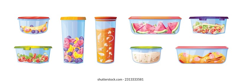 Plastic food container box with lunch salad vector icon set. Meal storage box with vegetable and fruit salad in glass bowl with cover. Takeaway or leftover mealtime with banana, porridge and macaroni