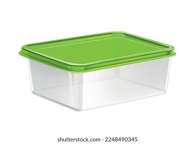 Plastic food container composition with isolated realistic image of transparent container with colored cap vector illustration
