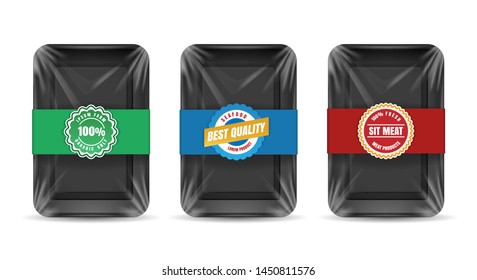 Plastic food container with label set. Empty packaging foods tray packs for meat, fish or vegetables with labels isolated on white background