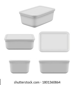 Plastic food container. Mock up empty boxes for caring products kitchen storage for shelves lunch utensil vector realistic set