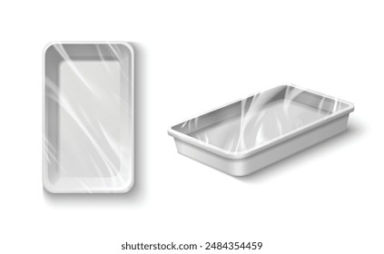 Plastic food container mockups set isolated on white background. Vector realistic illustration of rectangular styrofoam trays covered with polyethylene for safe food storage, top and isometric view