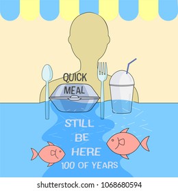 PLastic food container for quick meal has became marine debris, be there for a long time, pollutes the sea. Ocean plastic pollution concept. Vector illustration.