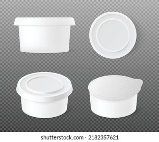 Plastic food container from top, front and perspective view, 3d vector illustration isolated on transparent background. Set of cream cheese or butter packages mockups with lid and foil.