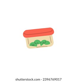 Plastic food container, vector illustration isolated on white background. Transparent rectangular box, lunchbox with a red lid, green vegetables inside. Simple object, design icon, flat cartoon style