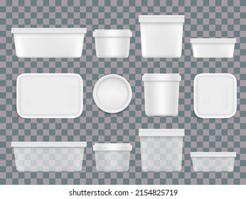 Plastic food container vector. Package box mockup isolated on transparent background. Clear pot different size and shape under lid 3d set. Lunchbox, storage bowl realistic design