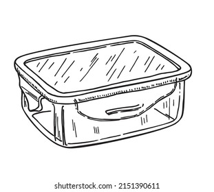 Contenedor de comida de plástico. Esbozo vectorial bajo cubo de plástico rectangular vacío para el almacenamiento de alimentos, mantequilla o helado. Ilustración de empaque aislada en fondo blanco.