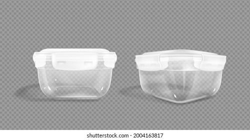 Plastic food containers with clipping path and latch lock lids. Storage for frozen products, closed lunchbox for meal, isolated packages front and angle view, Realistic 3d vector mock up, clip art