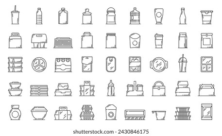 Plastic food containers and package icons. Fast food meal and drinks delivery disposable containers and boxes, water, milk and sweet beverages bottles, preserves, cosmetics products packaging icons