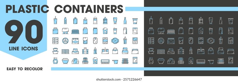 Plastic food containers and package line icons vector set. Linear signs of disposable cup, bottle, tray, box and wrap, coffee mugs, bags and plates. Jar, milk bottle, fast food packs and snack dishes