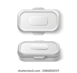 Plastic food containers set isolated on white background. Vector realistic illustration of rectangular meal box mockup with cover for safe storage, top and side view, lunch or dairy product package