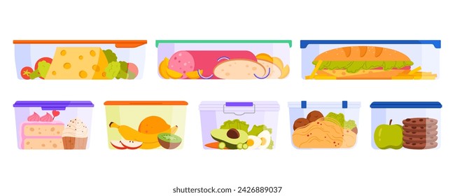 Plastikbehälter für Lebensmittel. Transparente rechteckige Boxen mit Deckel, frische und gekochte Reste nach dem Abendessen, ganze und geschnittene Früchte und Gemüse für Picknick, Sandwiches Cartoon Vektor-Illustration