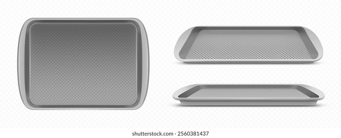 Mockups de bandeja de comida de plástico conjunto isolado no fundo transparente. Ilustração realista de vetor de recipiente cinza plano para servir refeição na cantina da escola, cafeteria, café self-service, vista lateral superior