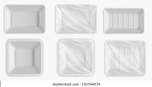 Plastic food tray. Styrofoam container for frozen food and fresh meat, fish, chicken. Empty food package with clear wrap isolated. Blank plastic tray template set on transparent background