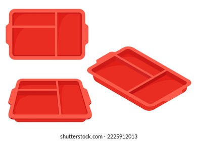 Plastic food trays.Trays for carrying food and serving in fast food establishments and cafeterias with compartments for different products.Vector illustration.