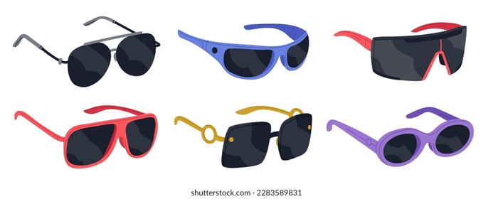 Plastic frame shades. Trendy sunglasses, fashionable eyewear accessories flat vector illustration set