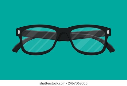 Plastic framed glasses isolated on green. Retro style eyewear. Reading eye glasses in flat style. Accessory for eye protection. Vector illustration