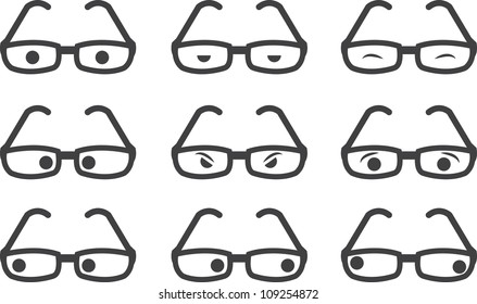 Plastic framed glasses with various eyed expressions