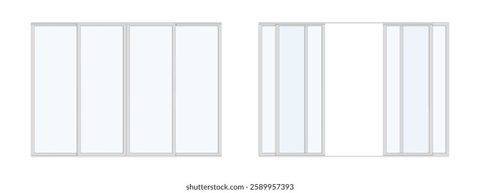 Plastic frames with glass, isolated panoramic windows for home interior design and architecture. Vector realistic classic or traditional panorama for apartments and house construction decor
