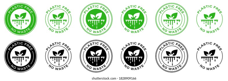 Plastic free. 100% Biodegradable and compostable icon. Round green and black symbol.. Information label. Vector illustration.