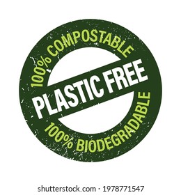 Plastic free, 100% compo stable 100% biodegradable vector icon. Eco friendly abstract