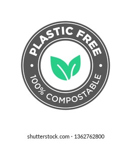 Plastic free. 100% Compostable icon. Round green and black symbol.