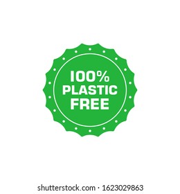 Plastic free 100 percent green round sticker. Eco friendly concept design element. Vector stock illustration.