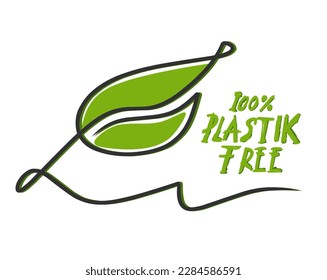 Plastic free 100 percent green icon badge, lettering text. Eco friendly concept design element. Vector stock illustration.