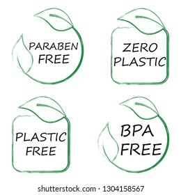Plastic free, BPA free, Zero plastic organic products stickers set, Eco friendly template concept.