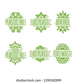 Plastic free, BPA free, Zero waste organic products stickers set, Eco friendly template concept.