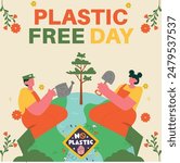 Plastic Free Day, 2 men watering Tree, Conceptual, Art, Poster, Banner, concept, free day, plastic bag, eco, plant, eco-system, global day, no plastic, elements, environment, reduce, reuse, recycle. 