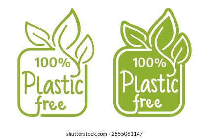 Plastic free - ecofriendly label with doodle crop. Zero waste, natural, organic products badges. Vector stamp design in calligraphic style