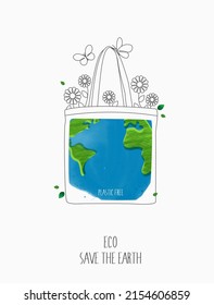 Plastic free ecological. NO to plastic and polyethylene bags with green sprout and leaves. environment earth day on nature field grass forest conservation concept. vector design.