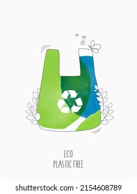 Plastic free ecological. NO to plastic and polyethylene bags with green sprout and leaves. environment earth day on nature field grass forest conservation concept. vector design.