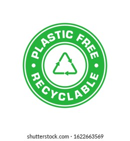 Plastic free green emblem, Recyclable. Recycle triangle. Vector stock illustration.