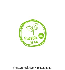 Plastic free green icon badge. Bpa plastic free chemical mark with hand drawn doodle cartoon style vector isolated