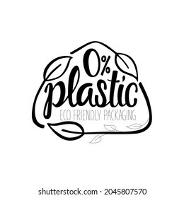 Plastic free handwritten sign of eco friendly, natural and organic labels for print packaging biodegradable, compostable, sustainable products. Lettering stock illustration isolated on background. 