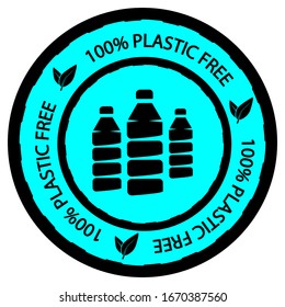 Plastic free icon. 100% Plastic free. No plastic, outline sign. Biodegradable sign. Round symbol with bottle inside and with lettering "100% plastic free"  around, in black and blue color. Vector