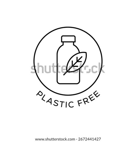 Plastic Free Icon, Minimal Eco Label Vector Badge with Bottle and Leaf Symbol inside Circle Outline Vector Illustration
