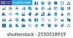 Plastic free icon set with biodegradable, compost, bottle, organic, production, cutlery, sustainability, reusable, diaper, cup, landscape, earth, leaves, industry, shopping bag, natural, and textile