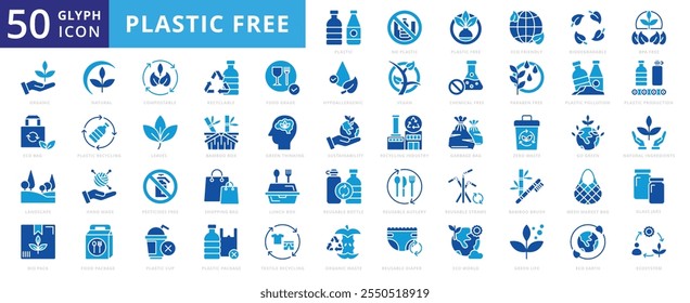 Plastic free icon set with biodegradable, compost, bottle, organic, production, cutlery, sustainability, reusable, diaper, cup, landscape, earth, leaves, industry, shopping bag, natural, and textile