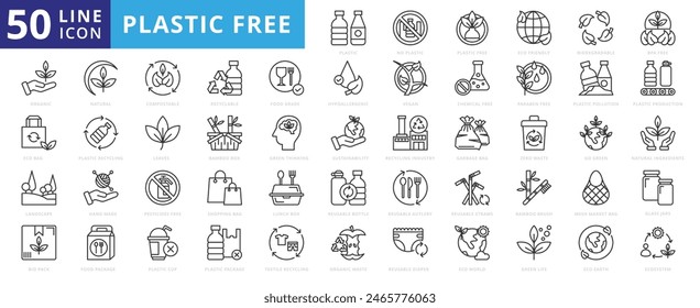 Plastic Free icon set with eco friendly, biodegradable, bpa, organic, bag, landscape, bio pack, natural and compostable.